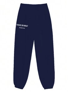 SHEIN EZwear Women Loose Fit Casual Jogger Pants With Letter Print And Elastic Cuffs - Royal Blue - View 3