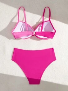 SHEIN Swim 女士夏季海灘顏色拼接十字摺褶比基尼套裝 - 粉色 - 查看 7