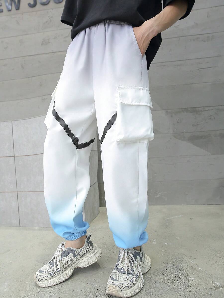 Pantalones de carga frescos para adolescentes con gradiente, bolsillos con solapa abatible y puños