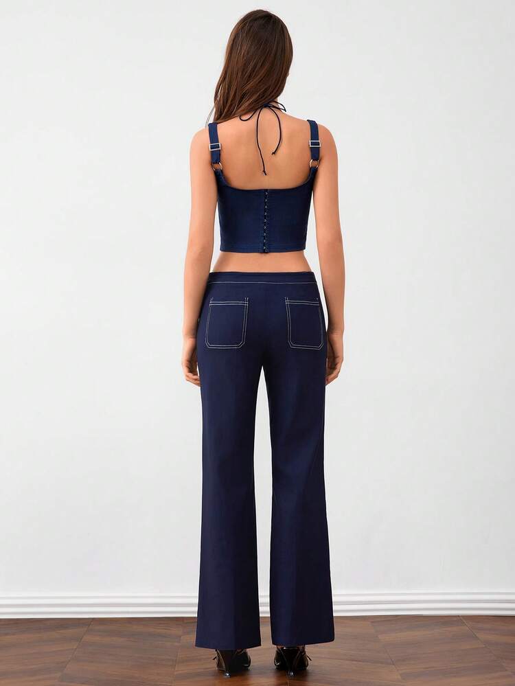 Blue Halter Neck Lace Top With Thin Strap And Color-Block Line Long Pants Two Pieces Set