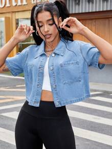 SHEIN ICON Áo sơ mi denim ngắn tay rộng rãi thoải mái dành cho nữ, phù hợp với áo khoác denim mùa hè - Rửa nhẹ - Xem 4