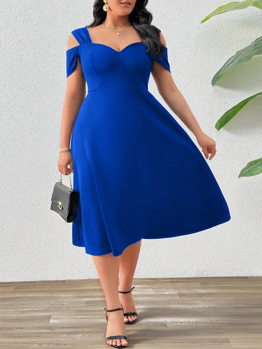 SHEIN Privé Lãng Mạn Plus Size Nữ Khoét Hở Cổ Điển Lệch Vai Cổ Chữ V Viền Ô Hình Chữ A Có Eo Phù Hợp Cho Buổi Hẹn hò Lãng Mạn, Tiệc Tối Và Du Lịch Mùa Xuân. - Xanh đậm - Xem 1