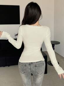 DAZY Lace Applique U-Neck Slim Fit Long Sleeve Women T-Shirt,Fall Clothes - Beige - View 2