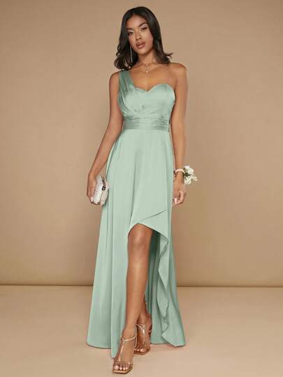 SHEIN Belle Ladies One Shoulder Solid Color Elegant Asymmetrical Hem Party Dress Formal Ball Gown For Women Prom Evening Wedding Guest Dress, For Graduation, Dinner