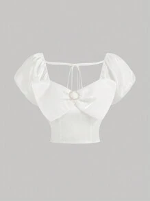 SHEIN MOD Women Summer White Shirt With Bowtie Detail,
Elegant,Square Neck,White Top