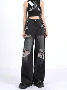 Women Pocket Distressed Wide Leg Loose Casual Jeans