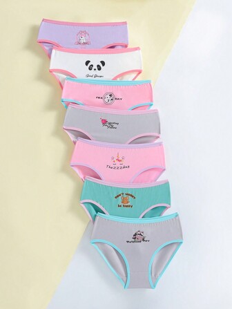 Tween Girl 7 Packs Colorblock Edging Cartoon Printed Triangle Panties
