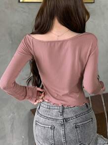 Camiseta ajustada asimétrica de unicolor elegante para uso diario de mujer - Rosa vieja - Ver 6