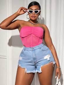 SHEIN SXY Pantalones cortos de mezclilla rasgados de talle medio y talla grande sin elasticidad a la moda