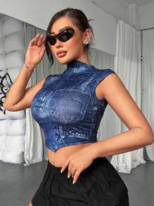 SHEIN SXY 无袖夏季短款上衣不对称设计性感纯色上衣 - 藍色 - 查看 7