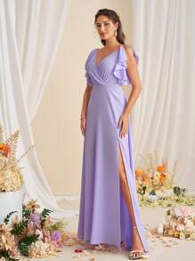 SHEIN Belle 女士时尚 V 领荷叶边开叉伴娘礼服 - 紫羅蘭色 - 查看 6