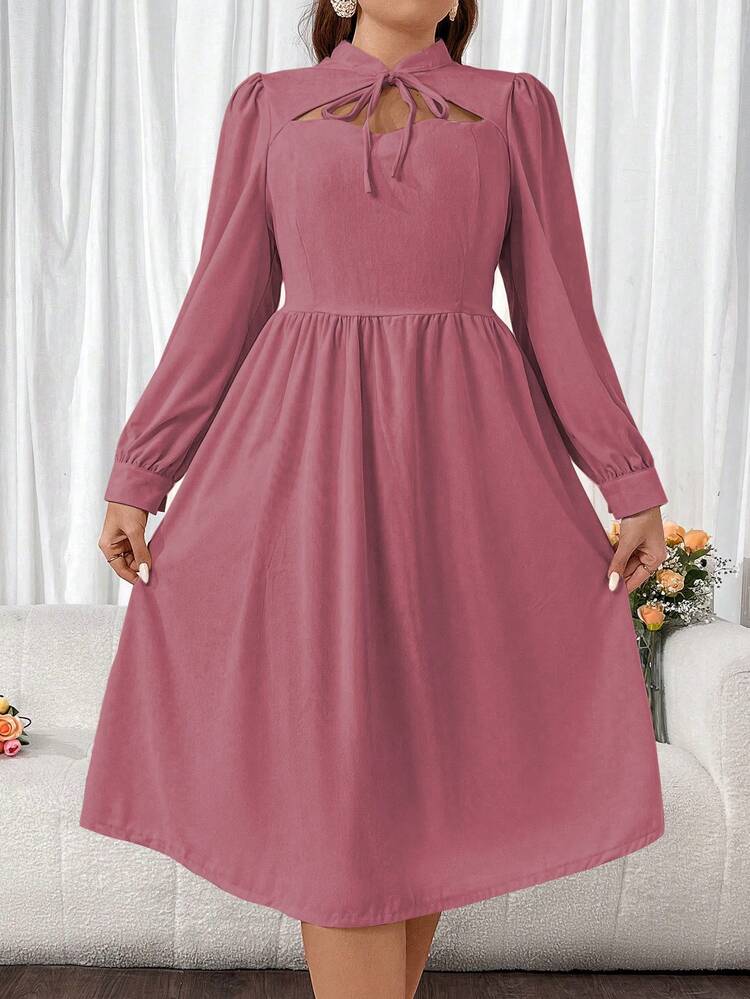 Plus Solid Color Romantic Long Sleeve Hollow Out Dress