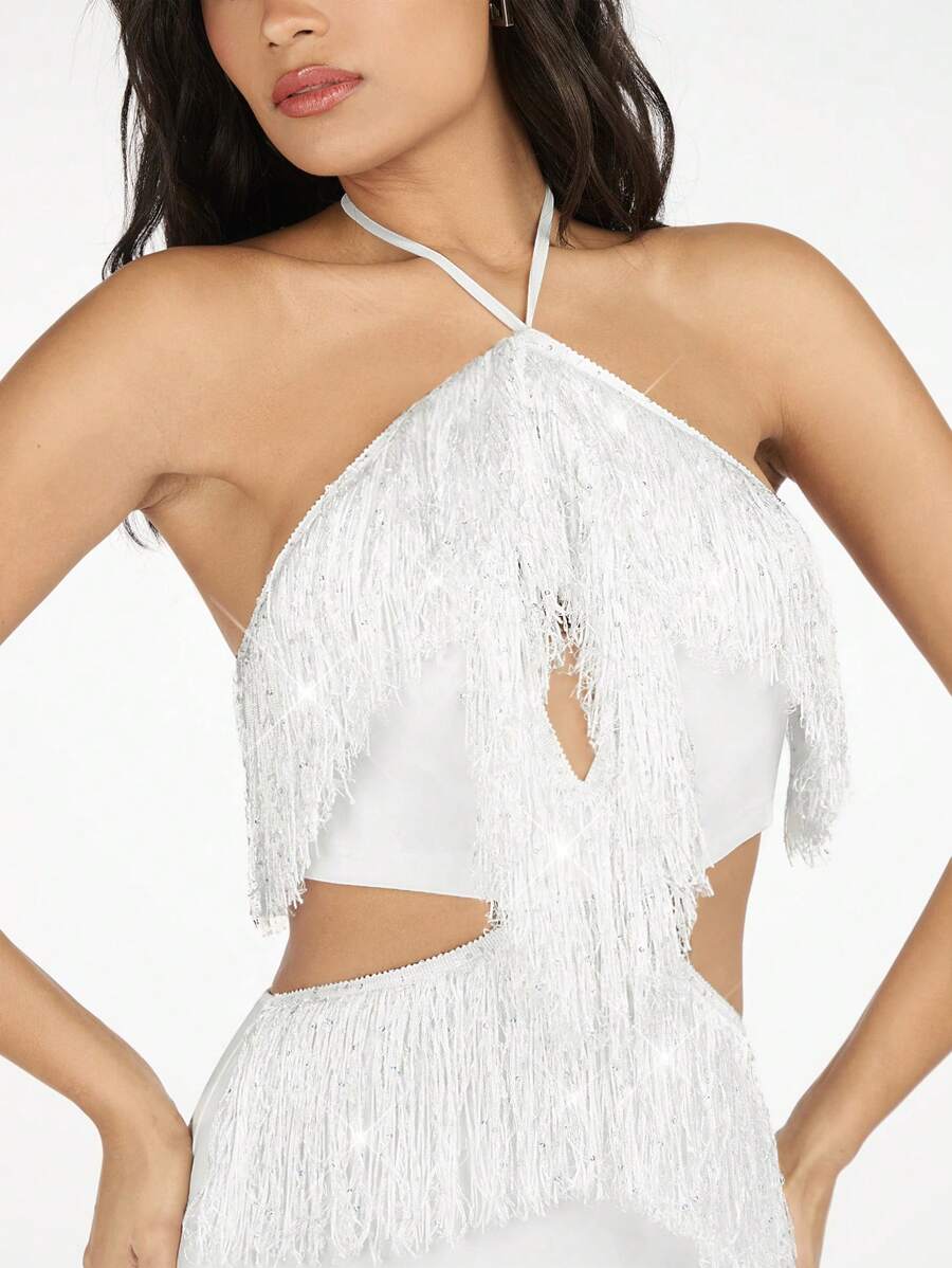 SHEIN BAE 白色流蘇短裙舞會裙流蘇裙鄉村音樂音樂節服裝音樂會服裝畢業白裙子畢業服夏季吊領裙白色優雅裙性感白色連衣裙晚宴服裙畢業吊頸空背連衣裙 - 白色 - 查看 1