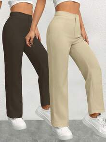 SHEIN PETITE Bộ trang phục thường ngày màu trơn cho nữ nhiều món với quần ống thẳng - Nhiều màu - Xem 5