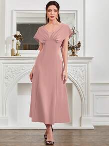 Modelyn Summer V-Neck Solid Color Gorgeous Party Dress - Pink - View 3