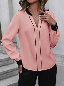 SHEIN Clasi Ladies" Color-Block Notched Collar Shirt With Contrast Trimmed Long Sleeves - Dusty Pink - View 3