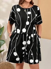 EMERY ROSE 大碼女士印花寬鬆口袋短袖二件裝，適用於春季 - 黑與白 - 查看 1