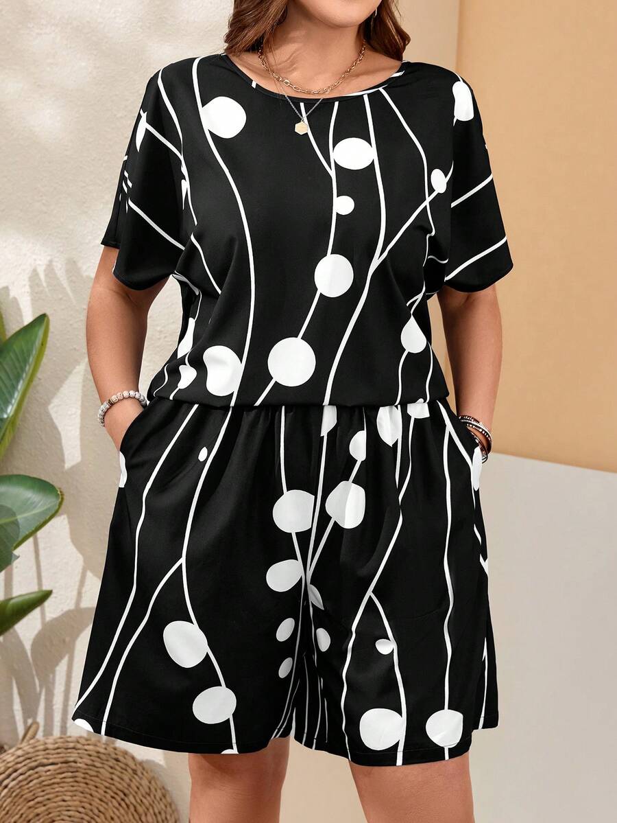 EMERY ROSE 大碼女士印花寬鬆口袋短袖二件裝，適用於春季 - 黑與白 - 查看 1