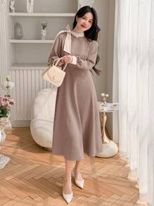 DAZY 女士时尚优雅日常通勤连衣裙，秋季连衣裙长袖连衣裙 - 摩卡棕 - 查看 2