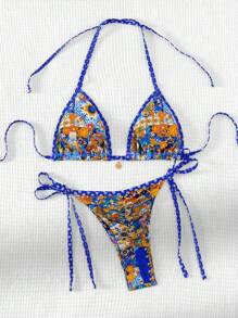 Swim Vcay Summer Beach Women Vacation Floral Print Halter Neck Tie Bikini Set Random Print