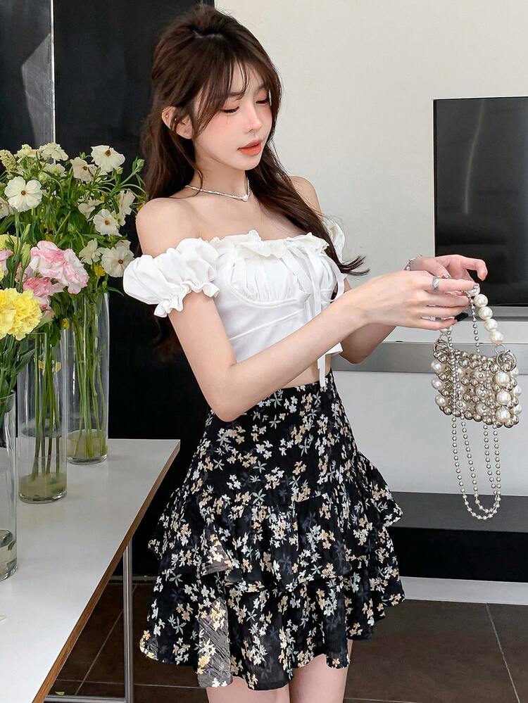 Women Vacation-Style Double-Layered Ruffled Hem Floral Print Skirt Boho