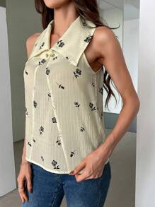 SHEIN Privé Mujeres Vintage Elegante blusa sin mangas con cuello grande y mangas de obispo impresas y hombros descubiertos - Multicolor - Ver 4