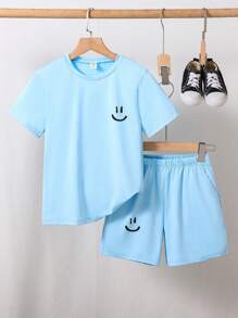 SHEIN Fashionable Summer Short Sleeve Top And Shorts Set With Simple  Face Print For Tween Boys, School, Campus, College