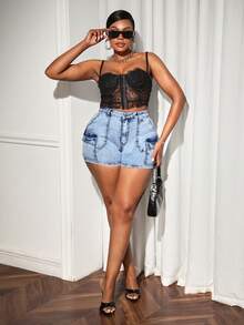 Slaydiva Plus Size Denim Stretchy Shorts With Chic Design And Versatile & Sexy Style - Blue - View 4
