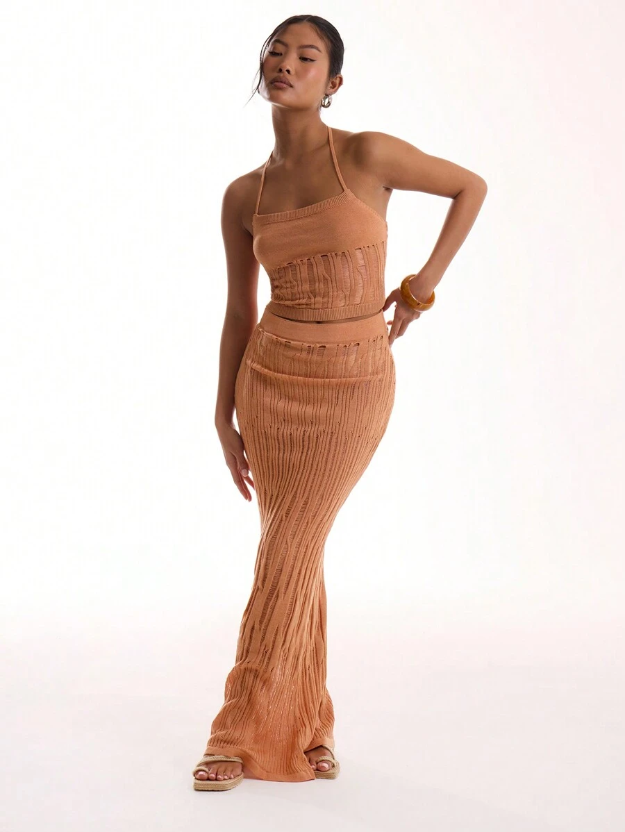 MUSERA Laddered Knit Cropped Bralet - Coral Pink - View 1