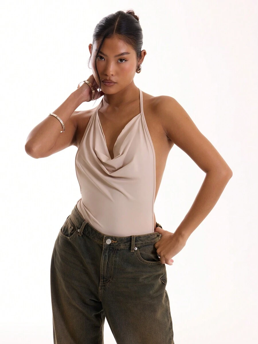 MUSERA 性感女士纯色高领露背连体衣，性感夜店春夏度假优雅 - 棕色 - 查看 1