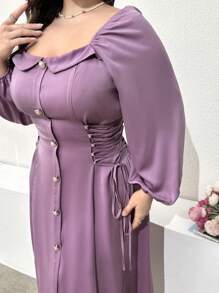 Modelyn Vestido largo de manga larga con diseño de botones y cinturón de moda para tallas grandes, vestido de noche largo para primavera y verano - Morado - Ver 4