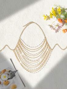 Swim SXY Summer Beach Faux Pearl Chain Backless Sexy Halter Swimsuit Cover Up - Gold - View 3