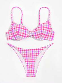 SHEIN Swim 格紋推（撑）高加強內托比基尼套裝 - 彩色 - 查看 4