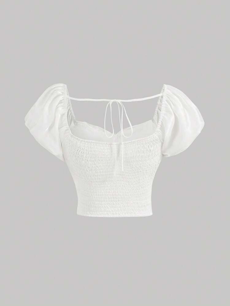 Women Summer White Shirt With Bowtie Detail,
Elegant,Square Neck,White Top