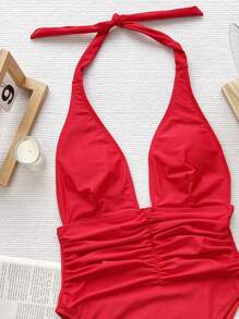 Swim SXY 2025 Women Deep V-Neck Ruched Tied Front One-Piece Swimsuit Summer - Red - View 3