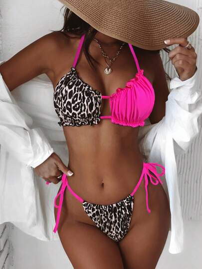 SHEIN Swim 2025 Women's Leopard Print Halter Tie Front Sexy Bikini Set With Ruffle Trim, Summer Beach Leopard Bikini Two Pieces Bikini
