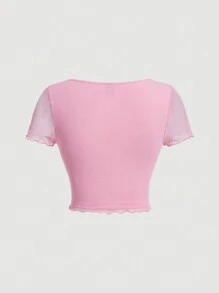 SHEIN MOD Nhẫn trái tim đính đá trang trí Lưới xếp li Chia khít áo thun mùa hè Y2K - Hồng - Xem 2