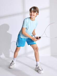 Conjunto deportivo para niño preadolescente, elasticidad cómoda para ejercicio de yoga, libertad de movimiento y transpirable, absorción del sudor, moda concisa para entrenamiento, running y ciclismo - Celeste - Ver 3