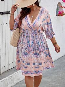 SHEIN Holidaya Plus Size Phong Cách Bohemian Ngẫu Nhiên Có In Surplice Cổ Xù Tay Áo Cho Mùa Xuân Và Mùa Hè - Hồng - Xem 3