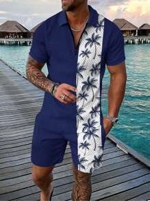 Manfinity RSRT Tenue de vacances pour homme avec col, t-shirt à manches courtes et short pour le printemps / été - Multicolore - Voir 1