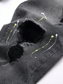 Manfinity LEGND 男士洗水磨損修身牛仔褲，帶斜口袋，街頭時尚百搭 - 黑色 - 查看 4