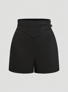 SHEIN Privé Women's Double Waist Design Buckle Decoration Shorts. Black High Waist Slim Summer Shorts. Suitable For Daily Commuting - Black - View 1