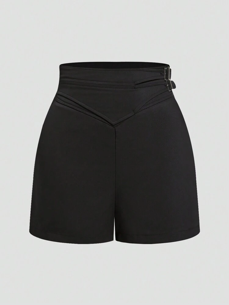 Women's Double Waist Design Buckle Decoration Shorts. Black High Waist Slim Summer Shorts. Suitable For Daily Commuting