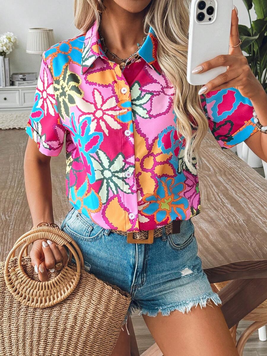 Breezaya Spring/Summer Print Turn-Down Collar Short Sleeve Split Hem Vacation Casual Shirt - Multicolor - View 1