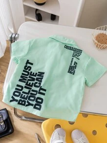 SHEIN Young Boy 1pc Casual College Style Back Slogan Graphic Shirt, Comfortable Breathable Linen Fabric, Suitable For Spring And Summer