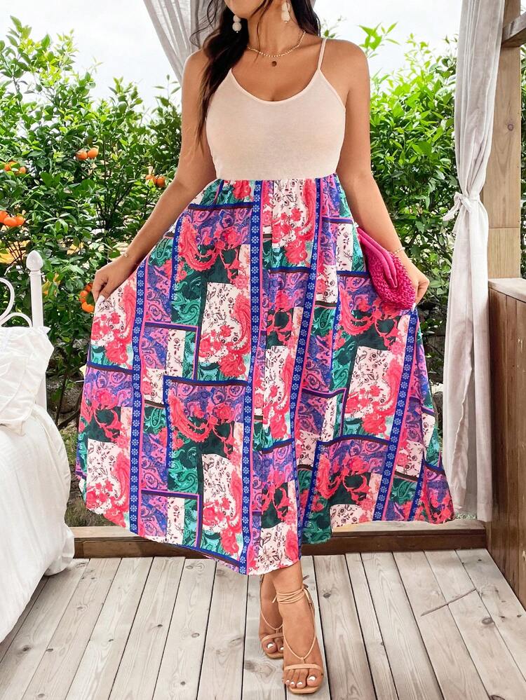Plus Size Women Solid Color Colorful Printed Splicing Cami Dress