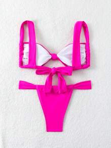 SHEIN Swim 夏季海灘女士扣結無線比基尼套裝 - 玫紅色 - 查看 4