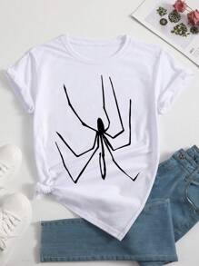 INAWLY T-shirt décontracté à manches courtes à col rond imprimé araignée pour femme en été