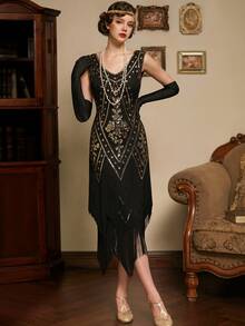 Vestido Largo De Flecos Gatsby, Vestido Con Flecos Y Lentejuelas De Los Años 20 Para Mujer Sin Mangas - Negro - Ver 8