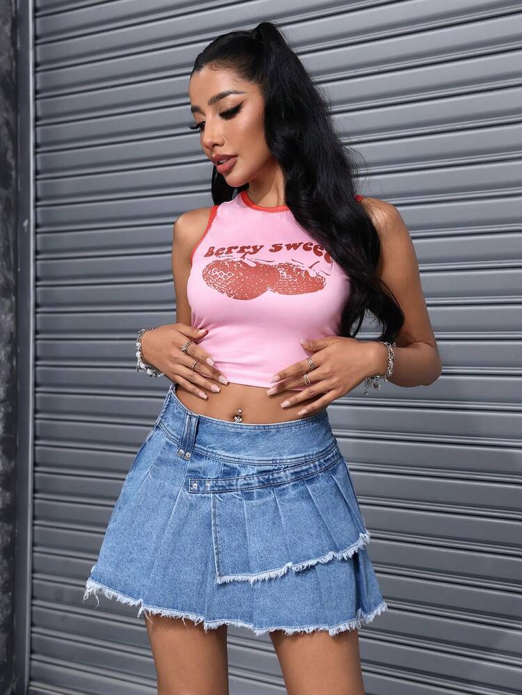 Women Frayed Pleated Street Style Summer Short Denim Skirt
